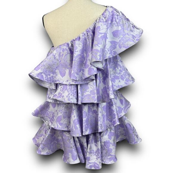 ASOS LUXE Ruffle One Shoulder Jacquard Mini Dress Purple Silver 6 Runs Small - Picture 5 of 9